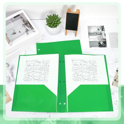 Yeaqee 50 Pcs Plastic Folders with Pockets Bulk 3 Hole Punched 2 Pocket File Folders for 3 Ring Binder Divider Folder for Notebooks, Durable Poly for Office Home (Green) - color: Green