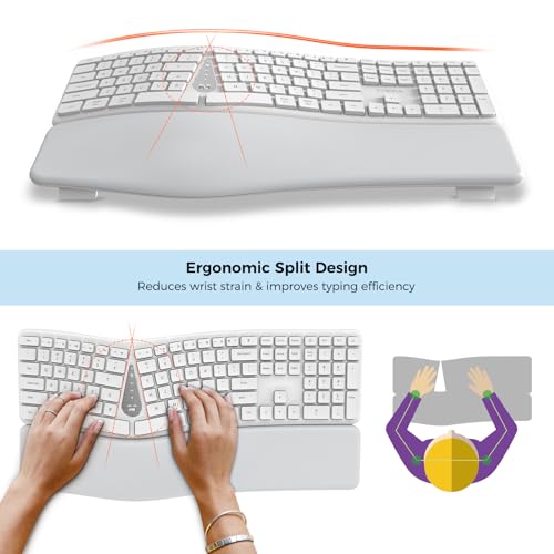 KYSONA Ergonomic Keyboard Mouse Wireless Combo, Full Size Bluetooth Split Keyboard with Wrist Rest, 4 Level DPI Ergo Mouse for Windows Mac OS Computer, White - color: White