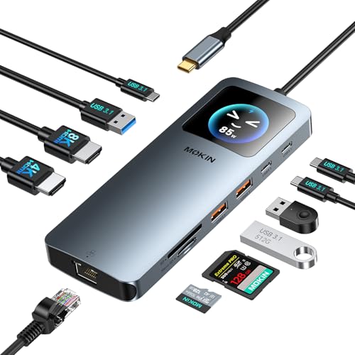 MOKiN LCD USB C Docking Station Dual Monitor, 12 in 1 Laptop Docking Station Dual HDMI with 8K@30Hz, PD 100W, 2500Mbps, 5 * 10Gbps USBA/C 3.1, SD/microSD Card Reader, USB C Adapter for HP/Dell/Lenovo