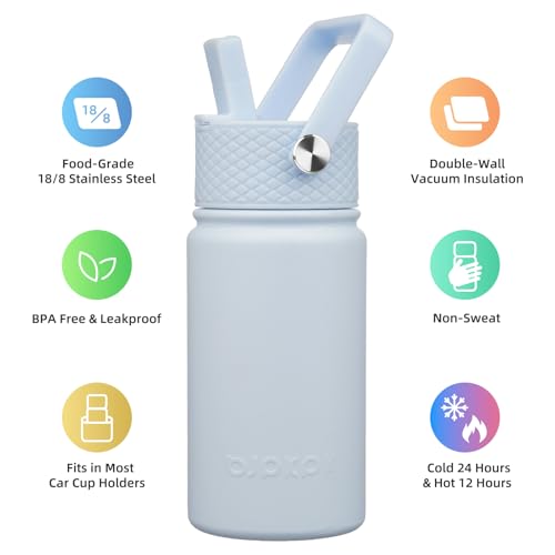 BJPKPK Insulated Water Bottle, 15oz Stainless Steel with Straw Lid | Leak Proof, BPA-Free, Vacuum Insulated, Keep Drink Cold & Hot, Metal Water Bottle for Travel, Gym, Office, Cupholder Friendly - color: Light Blue, style: N-15oz-Color Lid