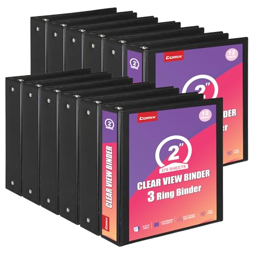 Comix Durable 2 Inch 3 Ring Binder, Round View Binder for Office or School, Fits 375 Sheets of 8.5x11 Paper, PVC-Free & Foldable Spine, Made in North American, 12 Pack (Black) - color: Black, size: 2 inch, style: 12 Pack