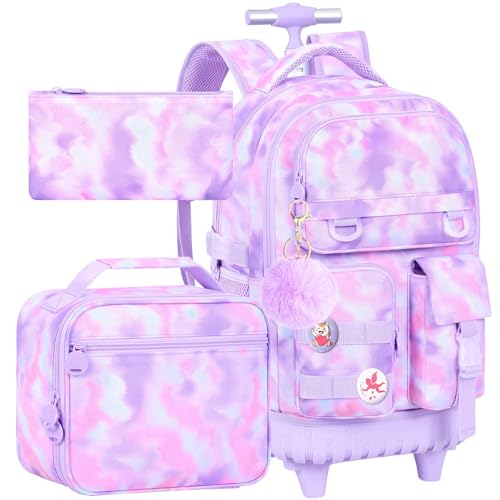 WZLVO 3PCS Backpack with Wheels, Water Resistance Girls Rolling Bookbag, Women Aesthetic Roller School Bag Set with Lunch Box & Pencil Bag for Teens & Kids - Purple Tie Dye Cloud - color: 3pcs Girls Rolling Backpack - Purple Tie Dye Cloud