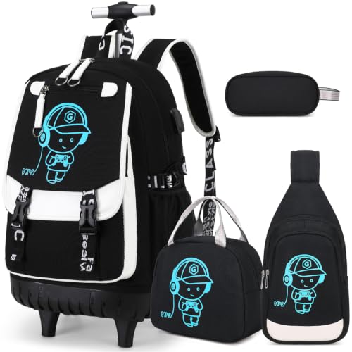 Bevalsa Rolling Backpack for Boys, Roller Backpack with Wheels, Wheeled School Bag with Sling Bag, Lunch Box & Pen Case for Kids Children Teens Elementary Middle Student Glow In The Dark - color: Black