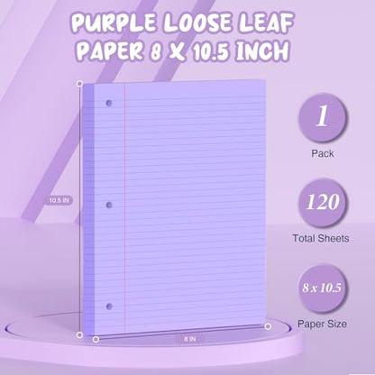 Purple Loose Leaf Paper 8 x 10.5, 120 Sheets Lined Paper College Ruled Paper, 3 Hole Punched Notebook Paper College Ruled, 3 Ring Binder Paper 8 x 10.5, Filler Paper College Ruled for Office, School - color: Purple-120 Pcs