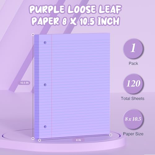 Purple Loose Leaf Paper 8 x 10.5, 120 Sheets Lined Paper College Ruled Paper, 3 Hole Punched Notebook Paper College Ruled, 3 Ring Binder Paper 8 x 10.5, Filler Paper College Ruled for Office, School - color: Purple-120 Pcs