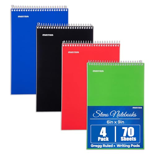 Mintra Office Steno Books Set - Top-Spiral Bound, Gregg Ruled, 70 Green Tint Sheets, Primary Color Covered Notebooks for Office, Professional, School & Work, Note-taking, Writing Pads, 6"x9", 4 Pack