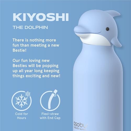 asobu Bestie Bottle Limited Edition Collectible Kids Water Bottle with Animal Character Lid 16oz (460ml) Insulated Stainless Steel, Leakproof, Reusable with Straw Fun Gift for Girls & Boys - color: KIYOSHI THE DOLPHIN