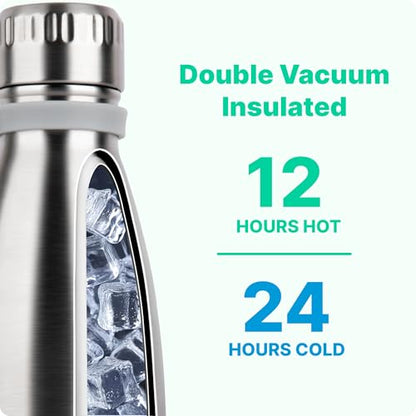 Small Water Bottle-12 oz Leak Proof Insulated Water Bottle with Carry Rope | Double Wall Vacuum Stainless Steel Water Bottle for Travel, School, Cola Shape Flask with Carry Rope (Silver) - color: Silver, size: 12 Ounces