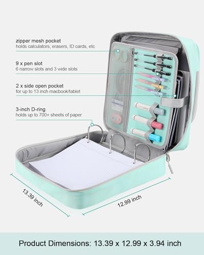 3-Inch 3-Ring Zipper Binder with Shoulder Strap and Multiple Pockets | D-Ring Zip Up Binder with 700 Sheets Capacity, Compatible with 13" MacBook/Tablet, for Middle School, Office, Mint Green - color: Mint Green