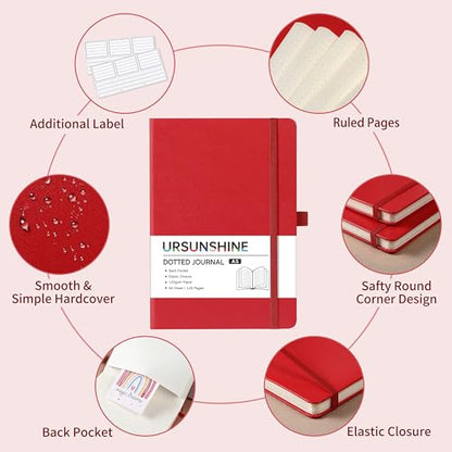 Dotted Journal/Notebook - Dot Grid Hard Cover Notebook, Premium Thick Paper with Fine Inner Pocket, Black Smooth Faux Leather, Pen Loop, 5.3'' x 8.26'' - Red - color: Red, size: Dotted