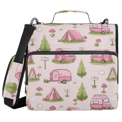 Pink Camping Tent Pattern 3 D-Ring 2 inch Zipper Binder Bag with Shoulder Strap, Multi-Pocket Portfolio Organizer Case for 13 Inch Laptop Middle School - color: Pink Camping Tent Pattern