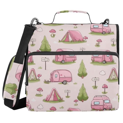 Pink Camping Tent Pattern 3 D-Ring 2 inch Zipper Binder Bag with Shoulder Strap, Multi-Pocket Portfolio Organizer Case for 13 Inch Laptop Middle School - color: Pink Camping Tent Pattern