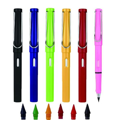 6 Sets Everlasting Pencil, Infinity Pen, NO-Sharpening Pencils for Writing Drawing Students Sustainable for Home Office School Supplies (6 Pens + 6 Erasers + 6 Replaceable Nibs) - color: Colorful