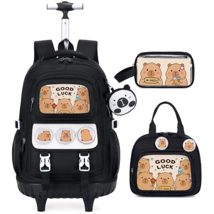 Capybara Rolling Backpack for Girls - 3PCS Girls Backpack Kids Suitcase with Lunch Box & Pencil Case Travel - Capybara Backpack with Wheels for Kindergarten Preschool Elementary (Black) - color: Black