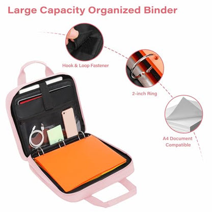 MOSISO 3 Ring Zipper Binder, 2 inch O-Ring Binder Organizer 500 Sheets Capacity Multiple Pockets Bag for Office with Handle & Shoulder Strap Compatible with 13 inch Laptop/Tablet, Pink