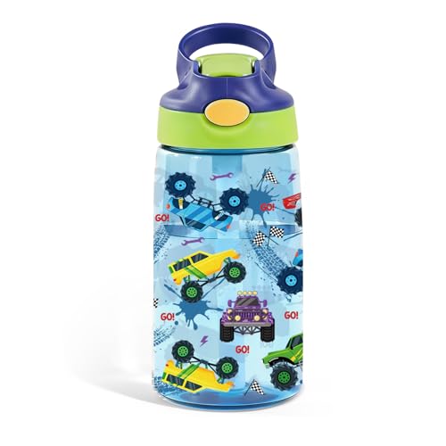 Trucks 14oz Kids Water Bottle with Straw - Leakproof BPA-Free Plastic Pop-Up Spout, Reusable Leak Proof Travel Bottle for Outdoor Sports Gift Cup for Boys Men Friends - color: Truck1