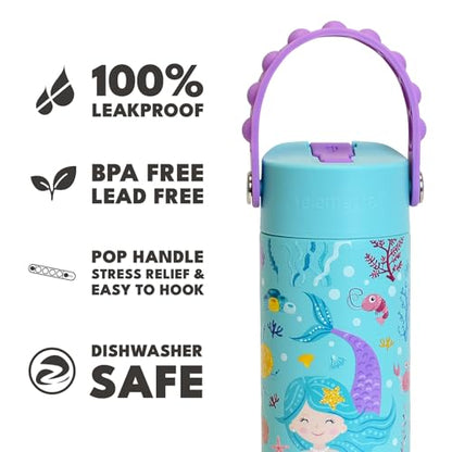 Elemental Insulated Kids Water Bottle, Stainless Steel Water Bottle with Straw Lid & Pop-It Handle, Leak-Proof Water Bottles for School, Boys or Girls, Travelling and Sports, 18oz - Mermaid - color: Mermaid