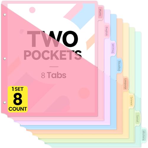 Sooez 8 Count Dividers with Pockets, Binder Dividers with tabs | Binder Dividers for 3 Ring Binders, Binder Divider with Pockets for US Letter Size, Insertable Big Tabs, Pastels, Set of 1 - color: Pink, size: 1 Set