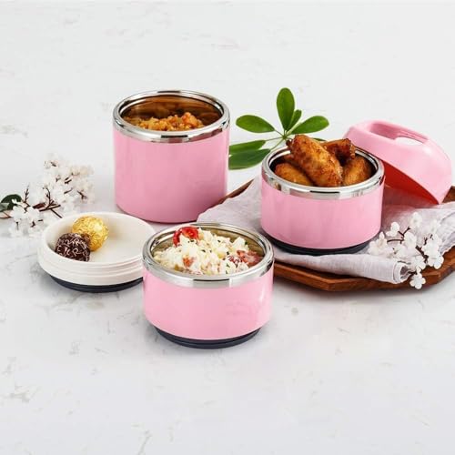 Lille Home Stackable Stainless Steel Thermal Compartment Lunch/Snack Box, 3-Tier Insulated Bento/Food Container with Lunch Bag and 3 Extra Silicone Seals, 43OZ, Pink - color: Pink with Utensils