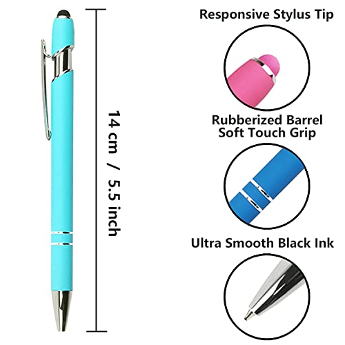 Oddmoal Ballpoint Pen with Stylus Tip, Soft Touch Click Metal Pen, 1.0mm Medium Point, Black Ink, 12 Count(Light Blue) - color: Light Blue - 12 Pens