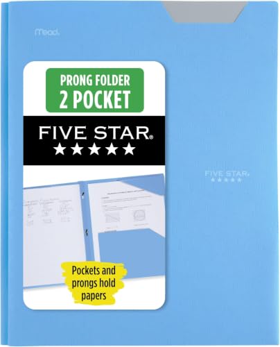Five Star 2-Pocket Folder, Plastic Folder with Stay-Put Tabs and Prong Fasteners, Holds 8-1/2" x 11" Paper, Pacific Blue (72115) (Pack of 5) - color: Pacific Blue, size: 1 Count (Pack of 5)