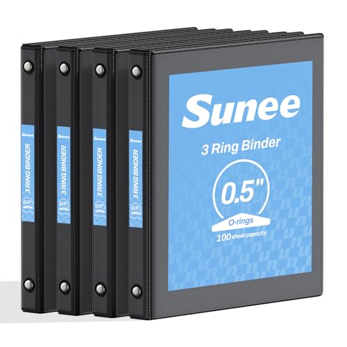 SUNEE 1/2 Inch Binders 3 Ring, PVC-Free Clear View Half Inch Binders (Fits 8.5x11 Inches) for School, Office & Home Use, Black - color: Black, size: 0.5 Inch, style: 4 Pack