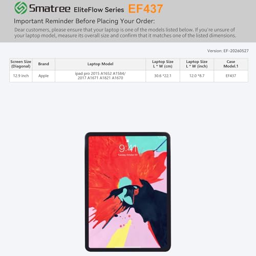 Smatree EliteFlow Laptop Sleeve Case for 12.9 inch Apple ipad pro 2015 A1652 A1584/2017 A1671 A1821 A1670,with Accessory Pocket(EF437) - size: 1.02| for APPLE 12.9" ipad pro 2015/2017 (EF437)