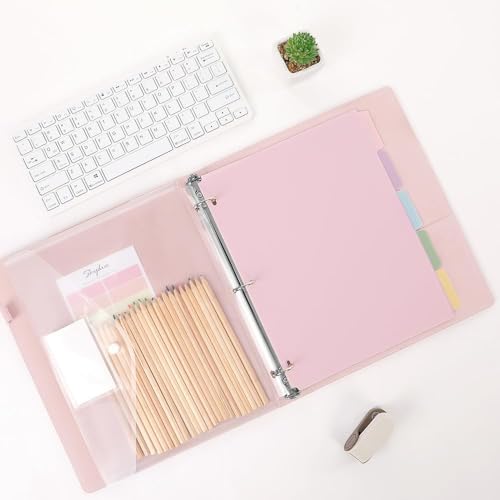 SKYDUE Pink 3 Ring Binder with Clipboard,1 Inch Linen Binder for 3 Hole Punch Letter Size Loose Leaf Paper with 5 Dividers, Pocket and Labels School and Office Supplies - color: Pink