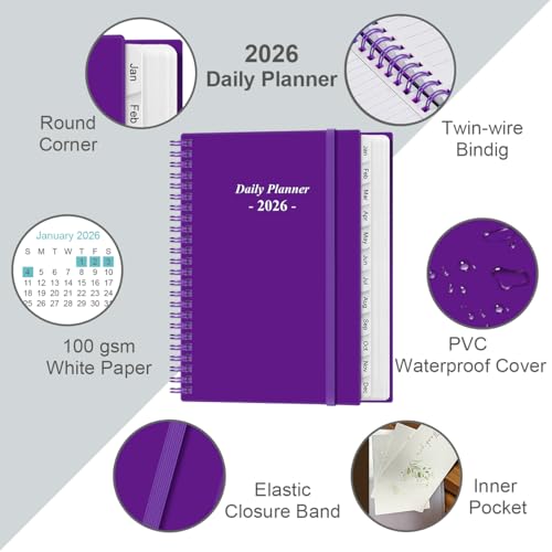 Daily Planner 2026 Full Page Per Day- 2026 Daily & Monthly Planner from January 2026 to December 2026, Day Planner 2026 with 12 Months Tabs, 6.4" x 8,5", Purple - color: Purple, size: 6.4" x 8.5"
