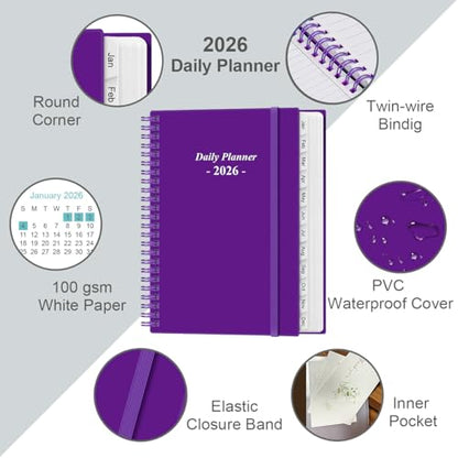 Daily Planner 2026 Full Page Per Day- 2026 Daily & Monthly Planner from January 2026 to December 2026, Day Planner 2026 with 12 Months Tabs, 6.4" x 8,5", Purple - color: Purple, size: 6.4" x 8.5"