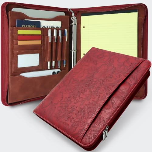 A4 Embossed Faux Leather Zippered Padfolio with 3 Ring Binder, Executive Portfolio Organizer Binder for Women, Fits 13.9" Laptop/Tablet, Refillable Writing Pad Pocket, Red - color: Red, size: Zipper Portfolio(13.7"x11"x1.57")