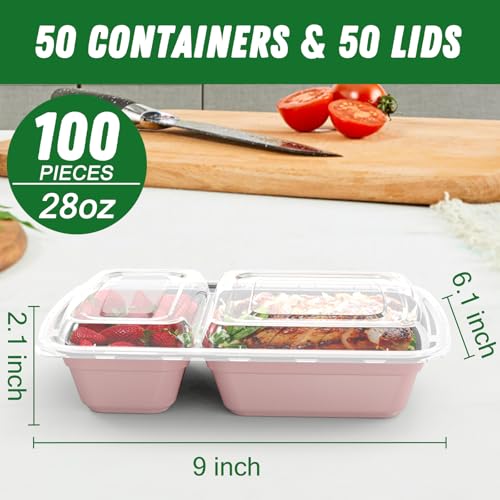 Dealusy 50 Pack (100-Piece) 28 oz Meal Prep Containers Reusable with Lids 2-Compartment, Sturdy Leakproof Food Safe, Microwave Freezer Dishwasher Safe, To Go Take Out Plastic Food Storage, Pink - color: Pink