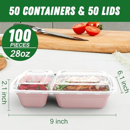 Dealusy 50 Pack (100-Piece) 28 oz Meal Prep Containers Reusable with Lids 2-Compartment, Sturdy Leakproof Food Safe, Microwave Freezer Dishwasher Safe, To Go Take Out Plastic Food Storage, Pink - color: Pink