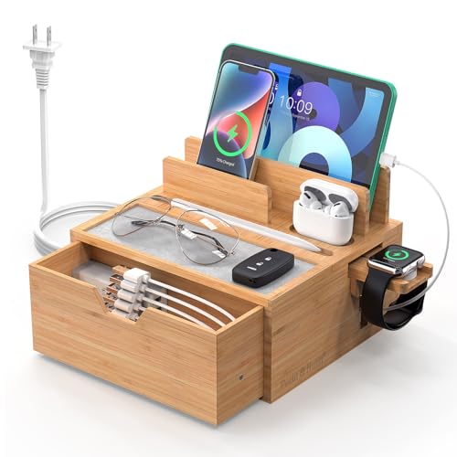 Pezin & Hulin Bamboo Charging Station with Power Charger & Cables-Black | Nightstand Docking Station with Lined Tray & Drawer for Multi Device, Compatible with Tablet, Cell Phones, Watch & Earbuds - color: #1 Bamboo (With Charger)