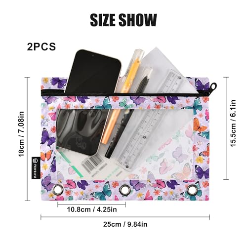 Butterfly Lavender Binder Pouches 3 Ring for Boys Girls School Office College Supplies Purple Rose Flower Pencil Pouches Case Bag with Clear Window and Zipper 2 Pack - color: Butterfly