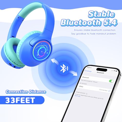 Kids Bluetooth Headphones, 85H Playtime Wireless Headphones for Kids, Colorful LED Lights, 85/94dB Safe Volume Limit, Bluetooth 5.4 Built-in Mic Toddler Headset for Tablet/Airplane/Travel (Blue) - color: Blue