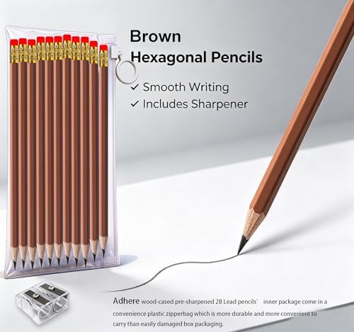 Adhere 25pcs Woodcase Pencils with Eraser Premium Pre-Sharpened Hexagon Graphite 2B pencils ideal for home, office writing including a Free Sharpener (Brown・25pcs) - color: Brown・25pcs