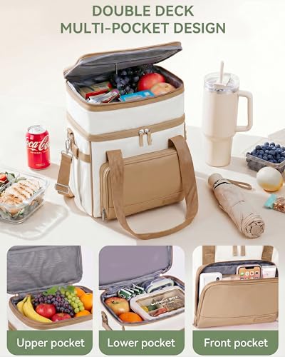 HOMESPON Double Layer Lunch Bag for Women Men, 14L Large Insulated Lunch Box with Shoulder Strap, Expandable Cooler Tote with Cup Holder for Work Office Picnic, Brown - color: Brown