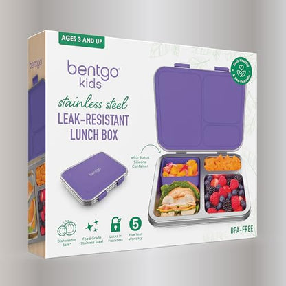 Bentgo Kids Stainless Steel Leak-Resistant Lunch Box - 3-Compartments with Bonus Silicone Container, Durable, Eco-Friendly, Dishwasher Safe, BPA-Free, Ideal for School, Ages 3+ (Purple) - color: Purple