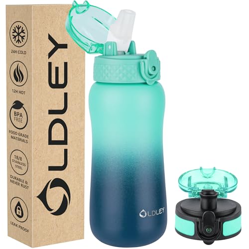 Oldley Insulated Water Bottle 12oz Kids Water Bottles with Straw, Stainless Steel Water Bottle with 2 Lids,Double Wall Vacuum Bottle, Leak-Proof Sport Bottles for School Travel, Caribbean Blue - color: Caribbean Blue, size: 12 Ounces