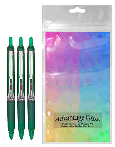 Precise V5 RT Retractable Rolling Ball Pens, Extra Fine Point (.5mm), Green Ink, 3-pk; Premium Comfort Grip, Bundle with Plastic Reusable Pouch - color: Green, size: 3 Count (Pack of 1)
