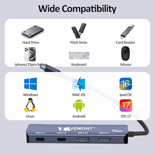 USB C Hub 3.2 10Gbps, VEMONT Aluminum USB 3.2 Hub with 2 USB-C and 2 USB-A Data Ports, Ultra Slim USB 3.2 Gen 2 Hub for MacBook Pro/Air 2022/2021, iPhone 15, iPad Pro, XPS, Surface Pro and More - style: 4 in1 10Gbps