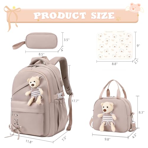 ACESAK Backpack for Girls with Bento Box - 4 PCS Cute Girls Backpack with Lunch Box, Pencil Case & Bento Box Set - 43oz Leakproof Lunch Box Kids Snack Containers Set Back to School Supplies (Khaki) - color: Khaki