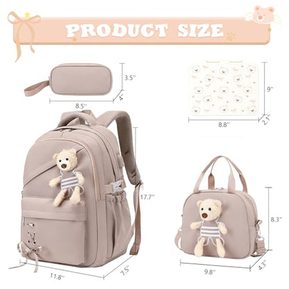 ACESAK Backpack for Girls with Bento Box - 4 PCS Cute Girls Backpack with Lunch Box, Pencil Case & Bento Box Set - 43oz Leakproof Lunch Box Kids Snack Containers Set Back to School Supplies (Khaki) - color: Khaki