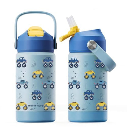 Mommore Kids Insulated Water Bottle with Soft Rubber Handle, 12oz Stainless Steel Thermos with Straw Lid, Leak Proof, Easy to Clean Design, Vacuum Small Canteen for School Boys Girls, Car-1 Pc - color: Car