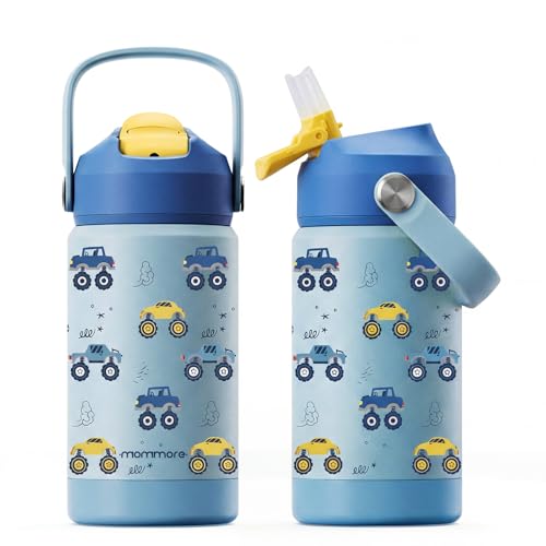 Mommore Kids Insulated Water Bottle with Soft Rubber Handle, 12oz Stainless Steel Thermos with Straw Lid, Leak Proof, Easy to Clean Design, Vacuum Small Canteen for School Boys Girls, Car-1 Pc - color: Car