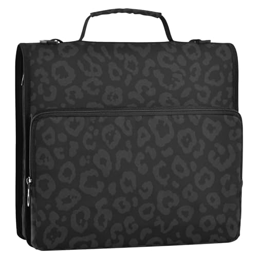 Zipper 3 Ring Binder Bag Leopard Expanding File Portfolio Storage Organizer 2-Inch, 500 Sheets Multi-Pocket Shoulder Strap for School Office Kids Adults - color: Black Grey Leopard