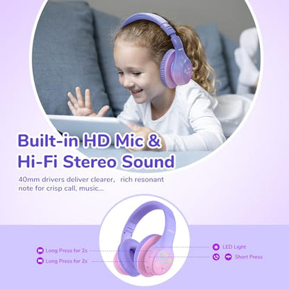EarFun K4 Kids Bluetooth Headphones, Wireless Headphones with LED Lights | 74/85/94dBA Volume Limited, Built-in Mic, 90H Playtime, Bluetooth 5.4 Over Ear Headphone for iPad/Tablet/School, Violet - color: Gradient Violet
