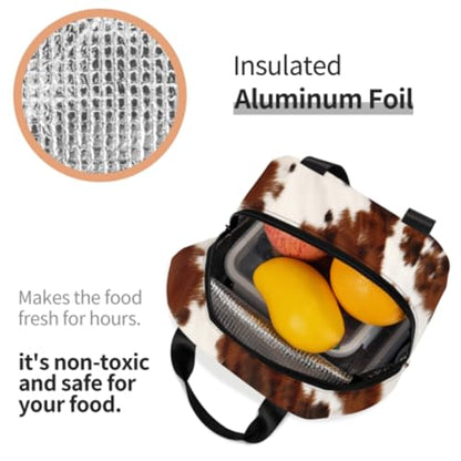 Nerxy Insulated Lunch Bag 8x5x8.5inch Cow Skin Print Lunch Box Abstract Africa Animal Farm Fashion Reusable Meal Portable Container Tote for Woman Men Kids Adults Work School Travel Office Picnic - color: Cow