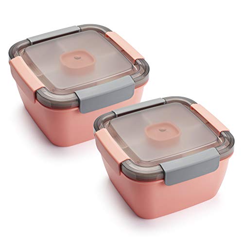 Freshmage Lunch Container To Go, 2 Packs 52-oz Salad Bowls With 3 Compartments, Dressings Container for Toppings, Snacks, Men, Women (Pink+Pink) - color: Pink+Pink